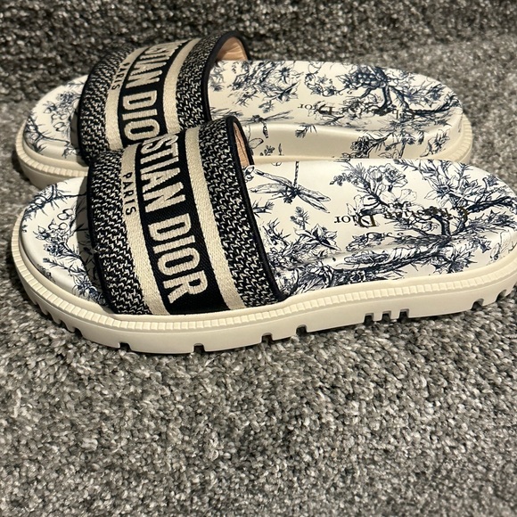 Christian Dior DWAY SLIDE Blue Toile de Jouy Reverse Embroidered Cotton 35.5 - Picture 1 of 5